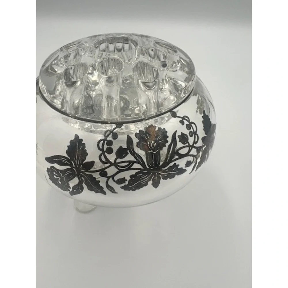 Viking Glass Vintage 3 Footed Rose Bowl Flower Frog Silver Overlay Floral Clear